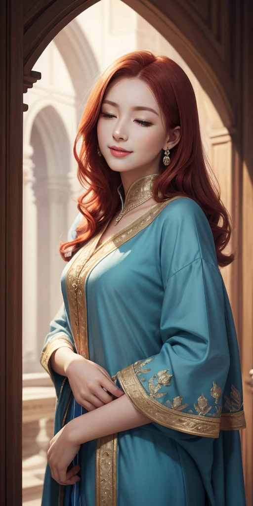 A girl with red hair and blue eyes, wearing noble clothes, with a gentle smile, in a Palace environment. (Eight :1.8) [vibrant colors] [oil painting] [detailed background] [soft lighting] [high resolution] [elegant atmosphere] [beautifully detailed eyes] [beautifully detailed lips] [long eyelashes] hugging a young man with red hair, the young man has closed eyes and royal clothes, pale skin and enviable beauty