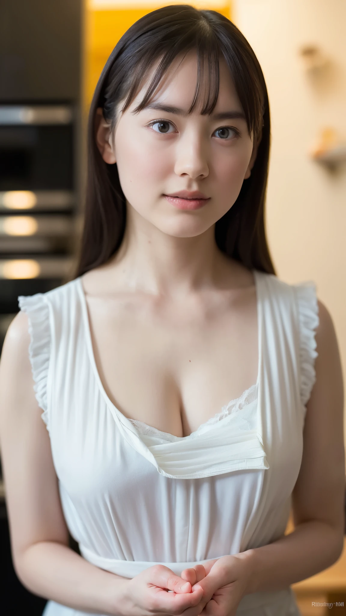 "(highest quality,8K,High resolution,masterpiece:1.2),Super detailed,(realistic,photorealistic,photo-realistic:1.37),soft focus,18-year-old,beautiful and detailed face,Detail view,renaissance art,delicate artwork,kitchen,kitchen apron,age girl,seductive lingerie,Gentle milk dripping onto my chest, Bright colors,studio lighting"