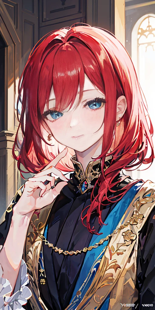A girl with red hair and blue eyes, wearing noble clothes, with a gentle smile, in a Palace environment. (Eight :1.8) [vibrant colors] [oil painting] [detailed background] [soft lighting] [high resolution] [elegant atmosphere] [beautifully detailed eyes] [beautifully detailed lips] [long eyelashes] hugging a young man with red hair, the young man has closed eyes and royal clothes, pale skin and enviable beauty
