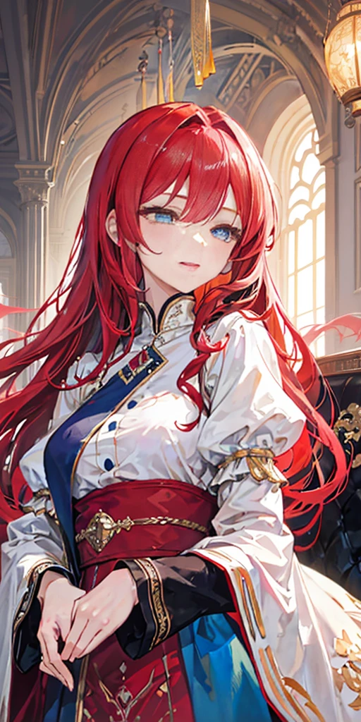 A girl with red hair and blue eyes, wearing noble clothes, with a gentle smile, in a Palace environment. (Eight :1.8) [vibrant colors] [oil painting] [detailed background] [soft lighting] [high resolution] [elegant atmosphere] [beautifully detailed eyes] [beautifully detailed lips] [long eyelashes] hugging a young man with red hair, the young man has closed eyes and royal clothes, pale skin and enviable beauty