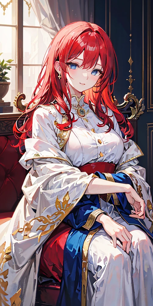 A girl with red hair and blue eyes, wearing noble clothes, with a gentle smile, in a Palace environment. (Eight years:1.8) [vibrant colors] [oil painting] [detailed background] [soft lighting] [high resolution] [elegant atmosphere] [beautifully detailed eyes] [beautifully detailed lips] [long eyelashes] hugging a young man with red hair, the young man has closed eyes and royal clothes, pale skin and enviable beauty