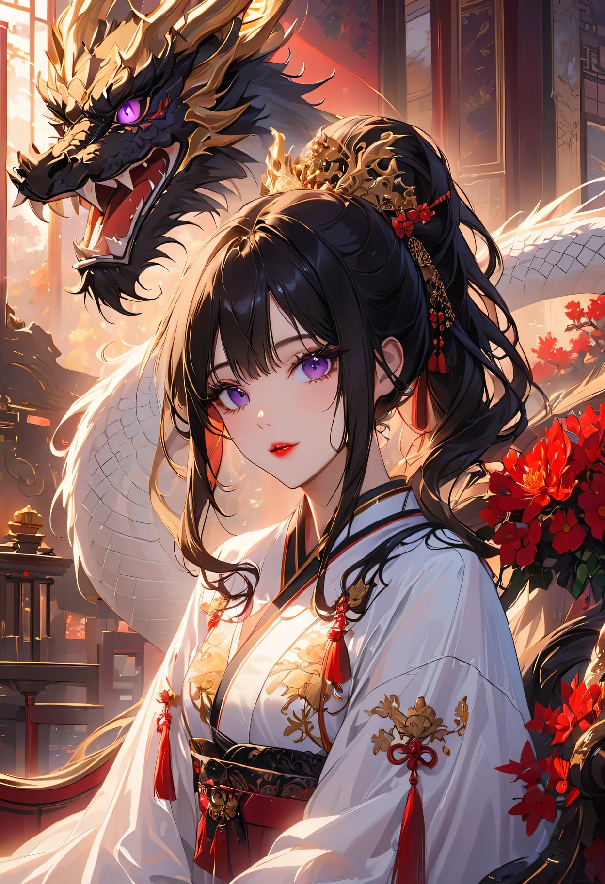 yandere girl,crazy purple eyes,red lipstick,pure white skin,long black hair,golden silk embroidered robe,dragon throne,palace background,luxurious decor,obsession,innocence,exquisite details,dramatic lighting,regal colors