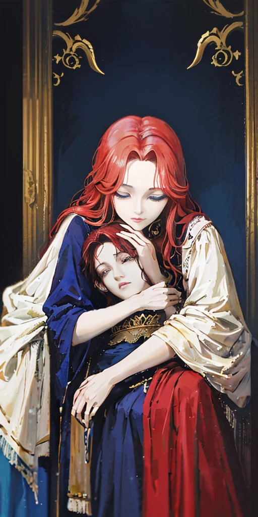 A girl with red hair and blue eyes, wearing noble clothes, with a gentle smile, in a Palace environment. (Eight years:1.8) [vibrant colors] [oil painting] [detailed background] [soft lighting] [high resolution] [elegant atmosphere] [beautifully detailed eyes] [beautifully detailed lips] [long eyelashes] hugging a young man with red hair, the young man has closed eyes and royal clothes, pale skin and enviable beauty