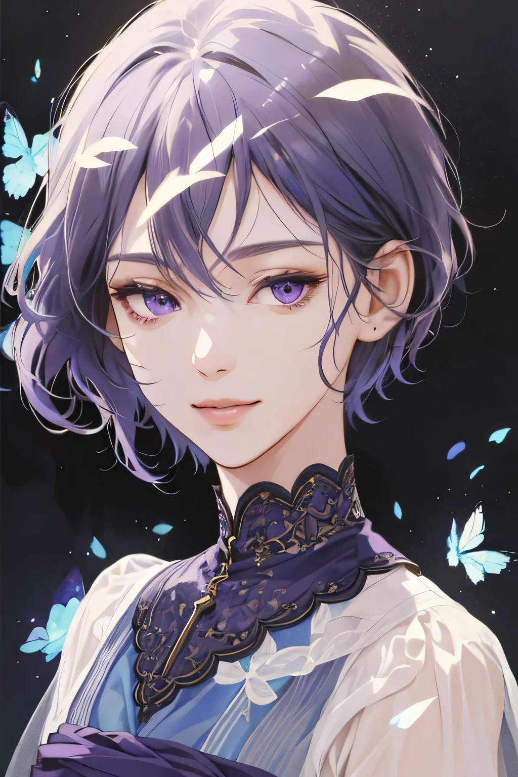 (extreamly delicate and beautiful:1.2), 8K,(masterpiece:1.0),(best_quality:1.0), 1 girl, and intricate detailing, Enlarged textures, and intricate detailing, finely eye and detailed face, and intricate detailing, shiraga, blue short hair, (closed mouths), Perfect eyes, Equal eyes, eyes smile, purple eyes (A famale god) with (masterpiece), best quality, with brown long dress