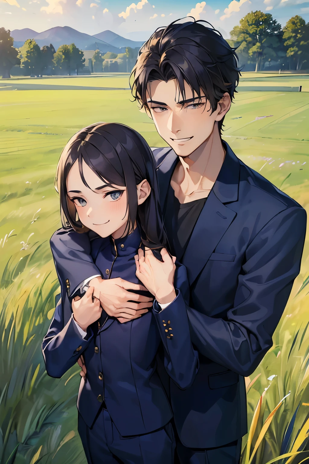 ((best quality)), ((masterpiece)), ((detailed)), (((perfect face))), ((( boy in navy blue suit))), (((standing)))) (((smirking))), ((((both hands on chest)))), (((elbows up)))), (((grass field)))