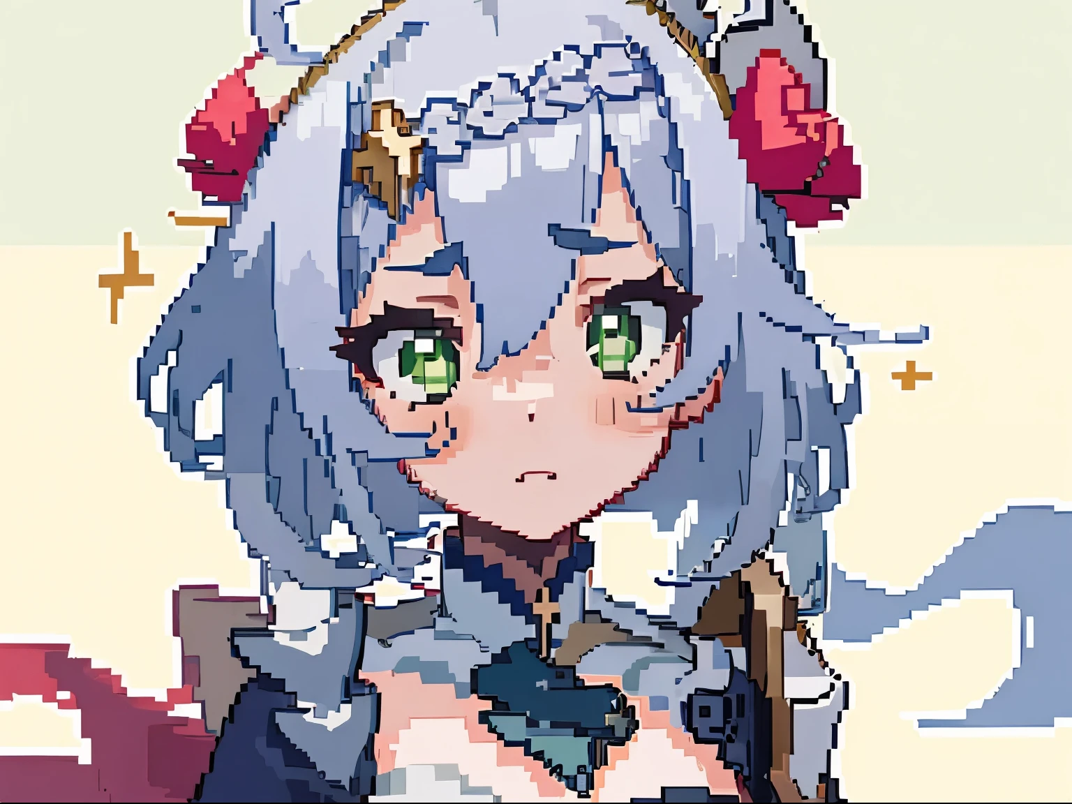 masterpiece, high quality, hcnone, pixel art, 1girl, noelle genshin impact, silver hair, green eyes, simple gold color background