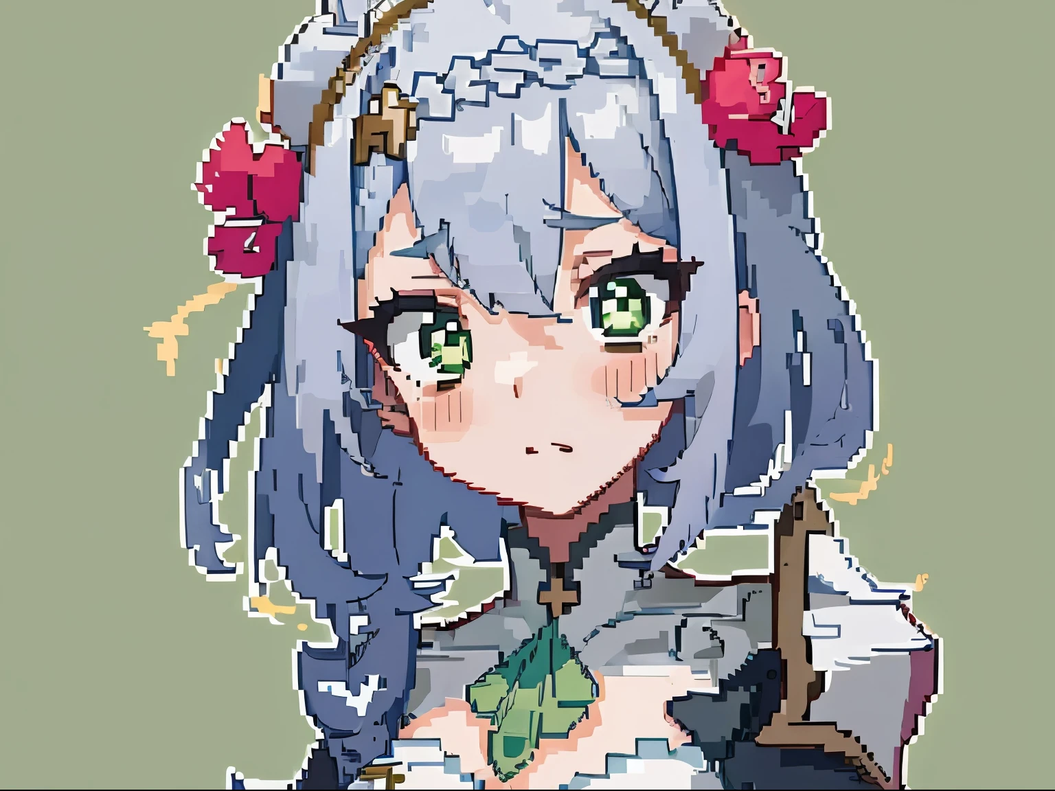 masterpiece, high quality, hcnone, pixel art, 1girl, noelle genshin impact, silver hair, green eyes, simple gold color background