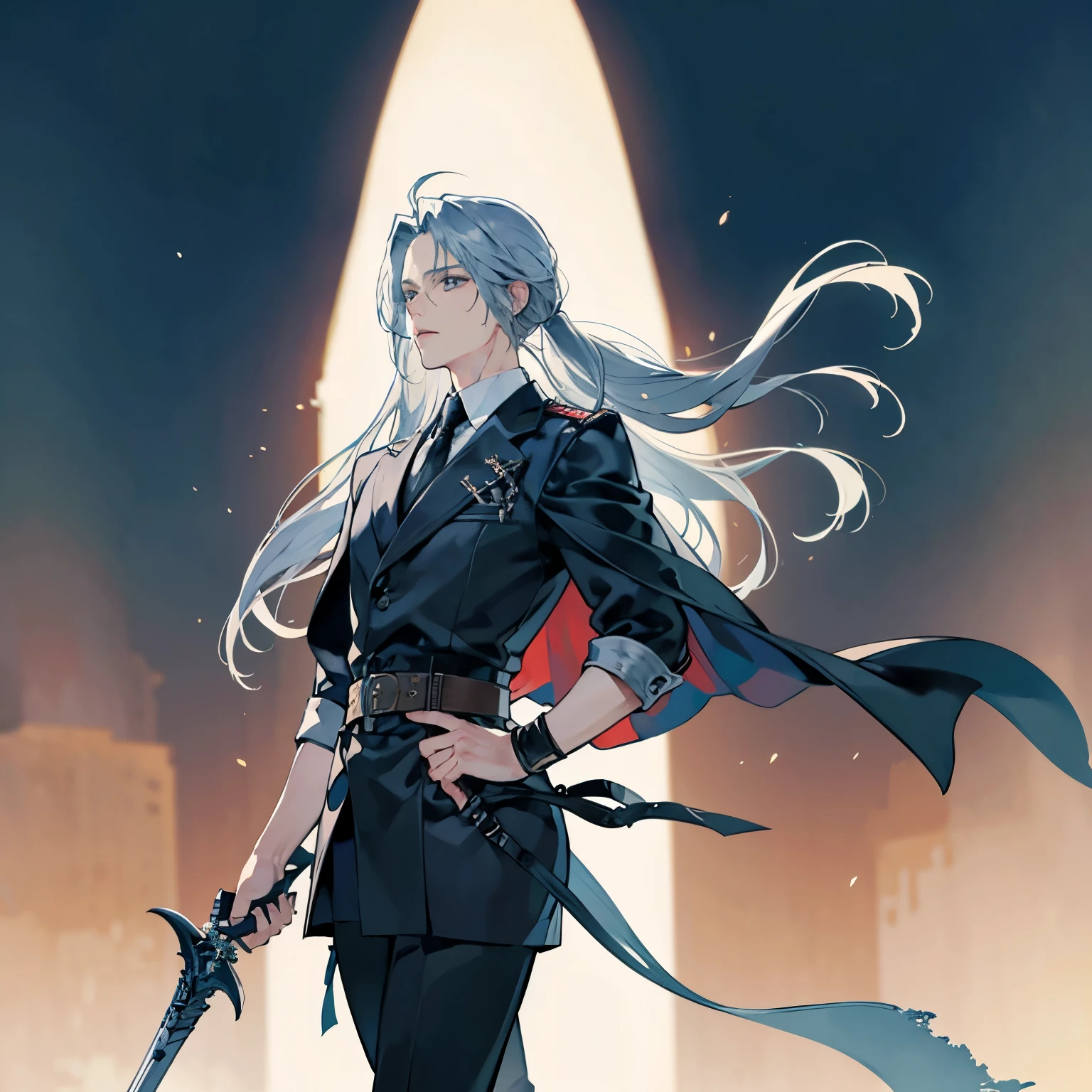 A handsome man who looks like Sephiroth from Final Fantasy VII,No background,Standing picture only