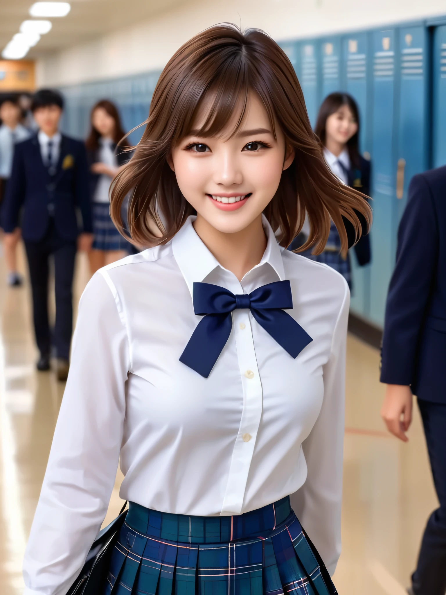 product quality, 1girl, upper body shot, front view, a Japanese young pretty girl, 18 years old, short hair, walking with a big smile on a crowded corridor in a high school, glamorous figure, busty, wearing a white collared shirt of long sleeves, plain dark blue bow tie, dark blue tartan plaid pleated skirt, a school bag on her shoulder, hyper cute face, glossy lips, double eyelids in both eyes, natural makeup, long eyelashes, shiny smooth light brown hair, asymmetrical bangs, fair skin, central image, high resolution, high detail, detailed hairstyle, detailed face, spectacular cinematic lighting, octane rendering, vibrant, hyper realistic, perfect limbs, perfect anatomy