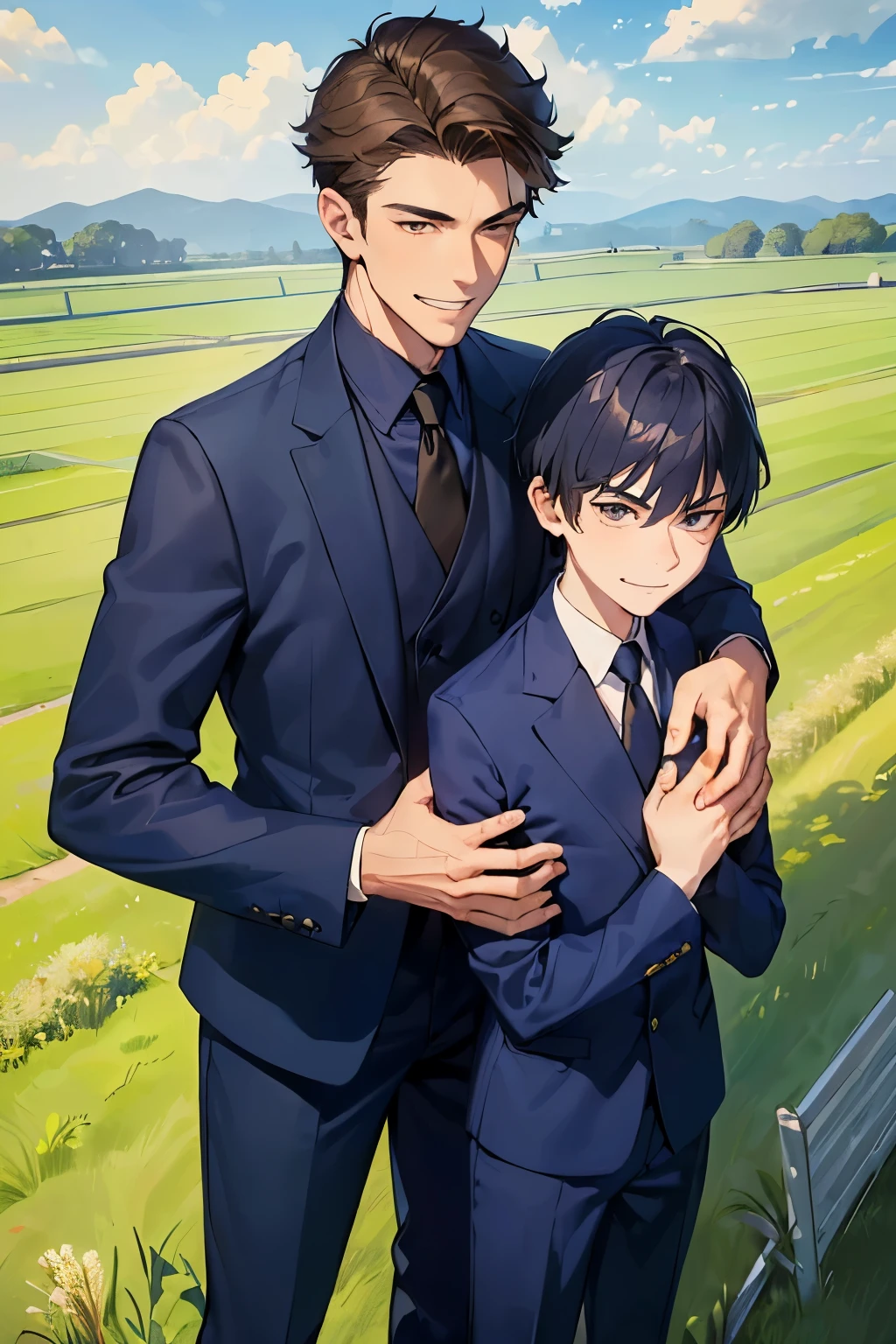 ((best quality)), ((masterpiece)), ((detailed)), (((perfect face))), (((16yo boy in navy blue suit))), (((standing)))) (((smirking))), ((((both hands on chest)))), (((elbows up)))), (((grass field)))