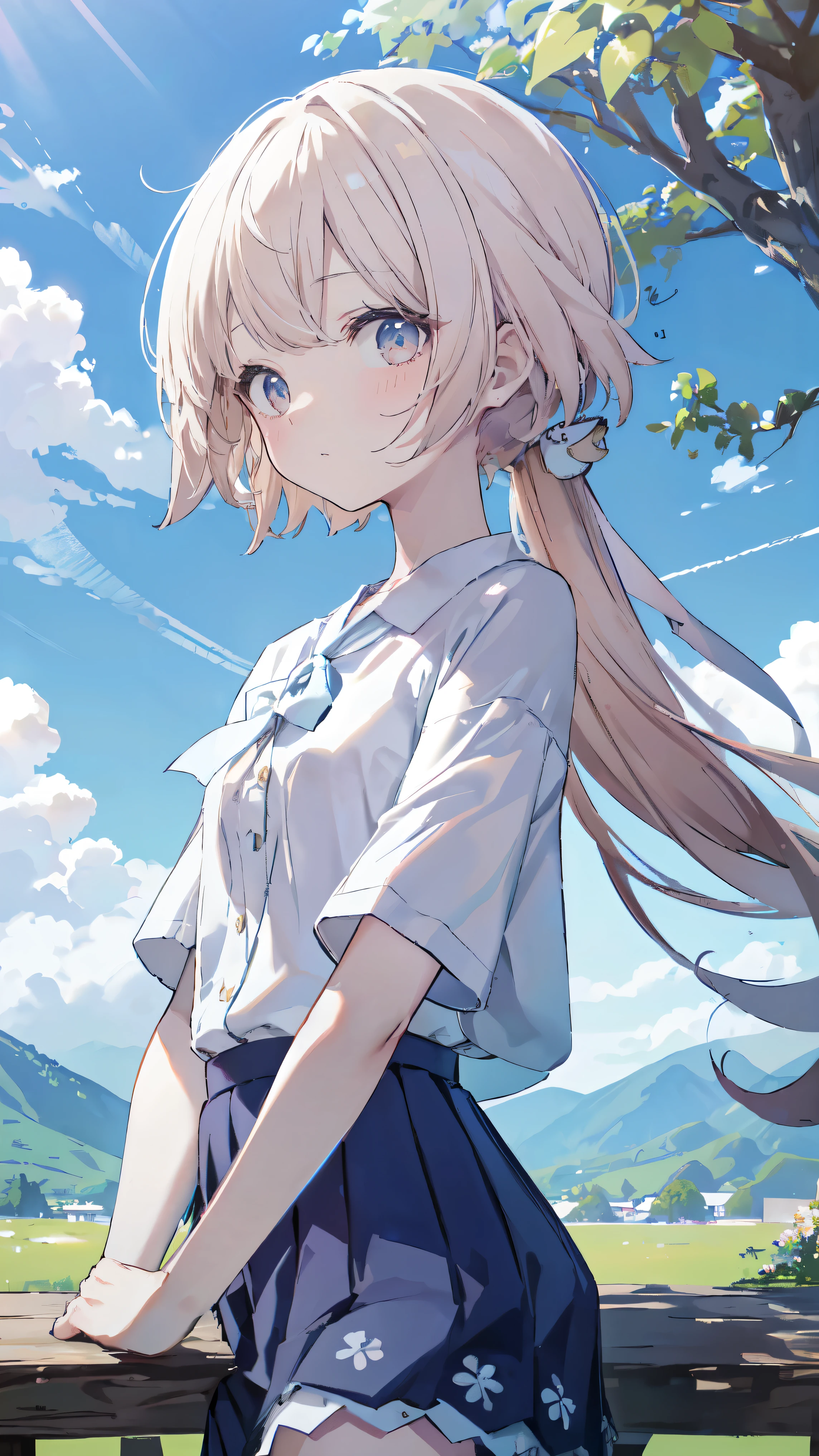 highest quality、Masterpiece、Ultra-high resolution、8k、Summer sky、early summer、((Lori))、(((Petite)))、((Short sleeve、Short skirt))、1 person、Soft line art、Soft drawing、Beautiful Hair、((Lori))、Detailed facial depiction、The gaze is directed towards us、highest qualityの色、Landscape with nature