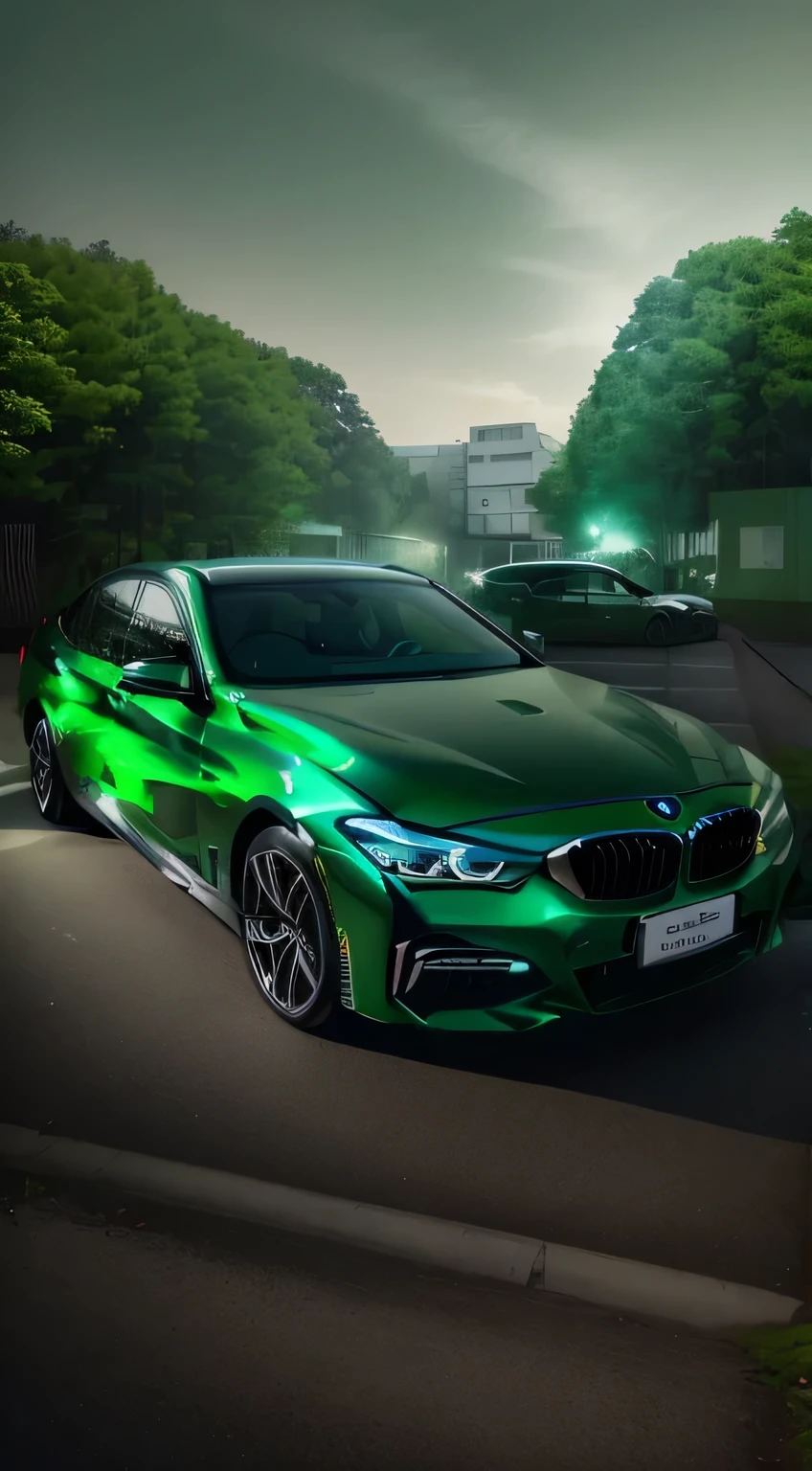 Alafiid green BMW parked on a forest path,Background morning forest, dark green tint, Wire, elegant green, 2 0 % pearlescent detailing, Shot with Sony alpha 9, Front profile shot, Green tint, Emerald green, Front full, Metallic green, dark green, Front profile, Front, Shot with Canon EOS R 6