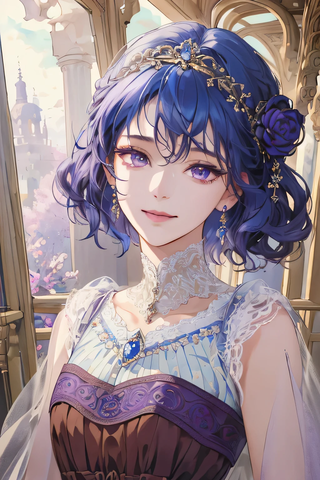(extreamly delicate and beautiful:1.2), 8K,(masterpiece:1.0),(best_quality:1.0), 1 girl, and intricate detailing, Enlarged textures, and intricate detailing, finely eye and detailed face, and intricate detailing, shiraga, blue short curl hair, (closed mouths), Perfect eyes, Equal eyes, eyes smile, purple eyes (A famale god) with (masterpiece), best quality, with brown long dress