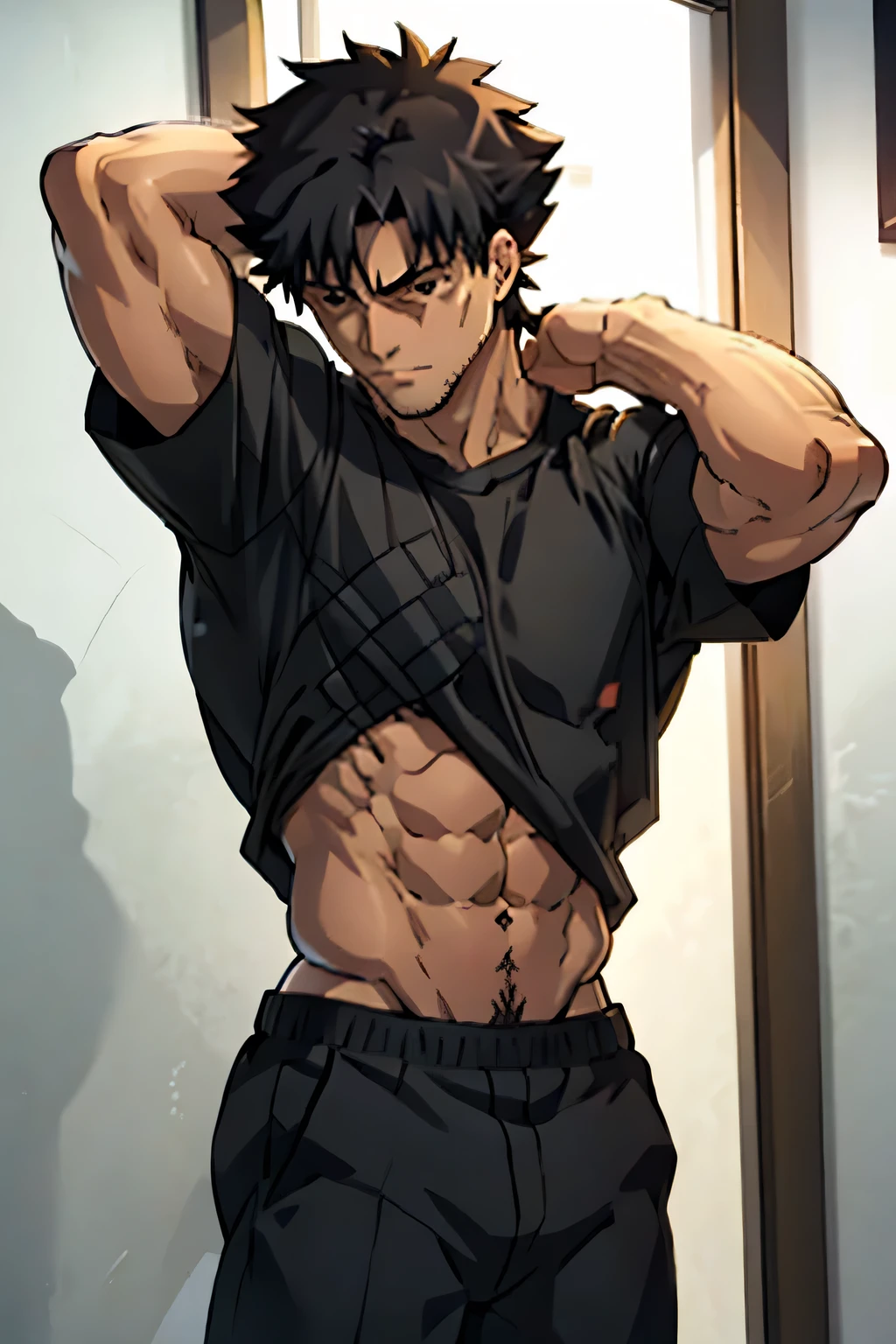 Emiya Kiritsugu,flexing biceps,black tshirt,short sleeves,showing abs, tshirt lifted up