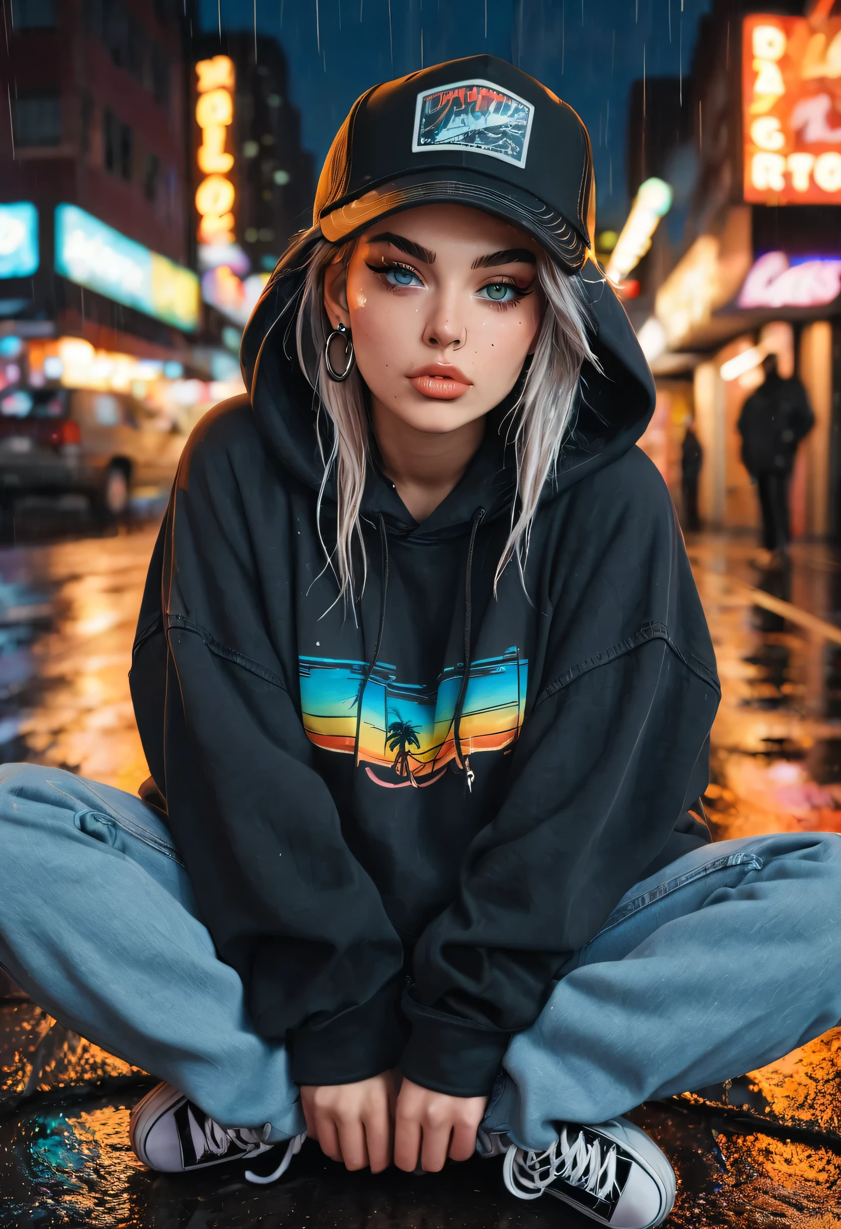 create a blank faded black washed hoodie, retro baggy, 90s, with a trucker hat on, beautiful female thin face, piercings on face, loose fit, baggy, pretty eyes, hoodie, sky scrapper night life in background, rain, sitting on ground legs crossed, hoodie jaw string tied in a knot, nude bottom, ass cheeks thick thighs