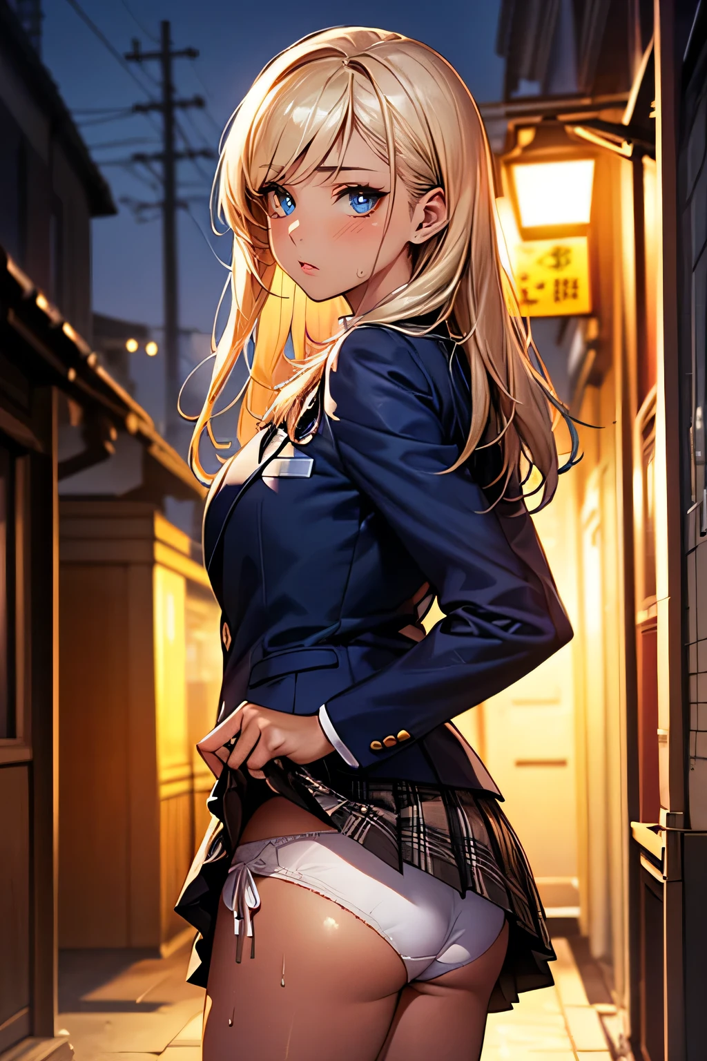 ((Perfect Anatomy:1.2,Realistic:1.3,Raw photo:1.3,masterpiece、highest quality、Ultra - High resolution、High resolution、Extremely detailed CG、8k)),Cowboy Shot,1 female,alone,18-year-old、high school girl,beautiful girl,Japanese,((Beautiful and exquisite face and eyes:1.2,Big beautiful eyes:1.3,)),Blonde,Long Hair,(Center parted hair:1.4,amount),Small Head:1.3,slender,(Brown Skin:1.4),(Oily skin,Glowing Skin,Shiny skin,Sweat:1.2),(school uniform、Dark blue blazer jacket、Checkered pleated mini skirt),((Lift up the skirt)).,((Show your audience white panties)),Are standing,Dirty back alley、At night、Tokyo、