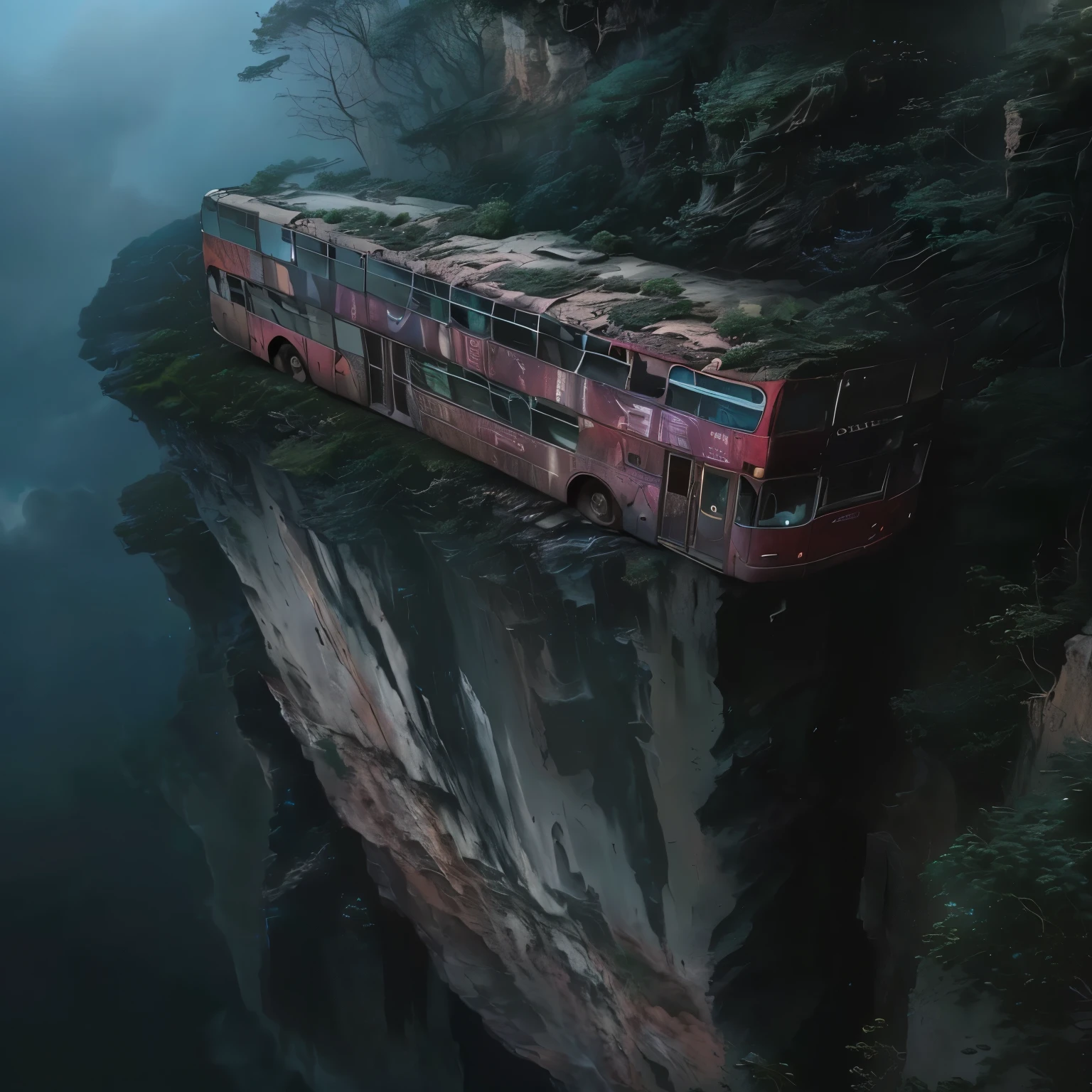 arafed bus on a cliff with a sky background, dangerous cliffside, ultrarealistic matte painting, highly realistic concept art, highly detailed surreal vfx, hyperrealistic matte painting, surreal matte painting, ultra realistic concept art, hyperrealistic concept art, realistic matte painting, amazing exquisite matte painting, amazingly epic visuals, alejandro burdisio art, 8k matte painting