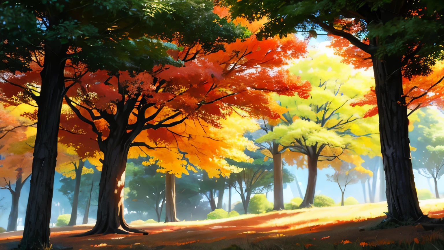 dia nublado de outono, cores calmas, arvores laranjas, amarelas, vermelhas,