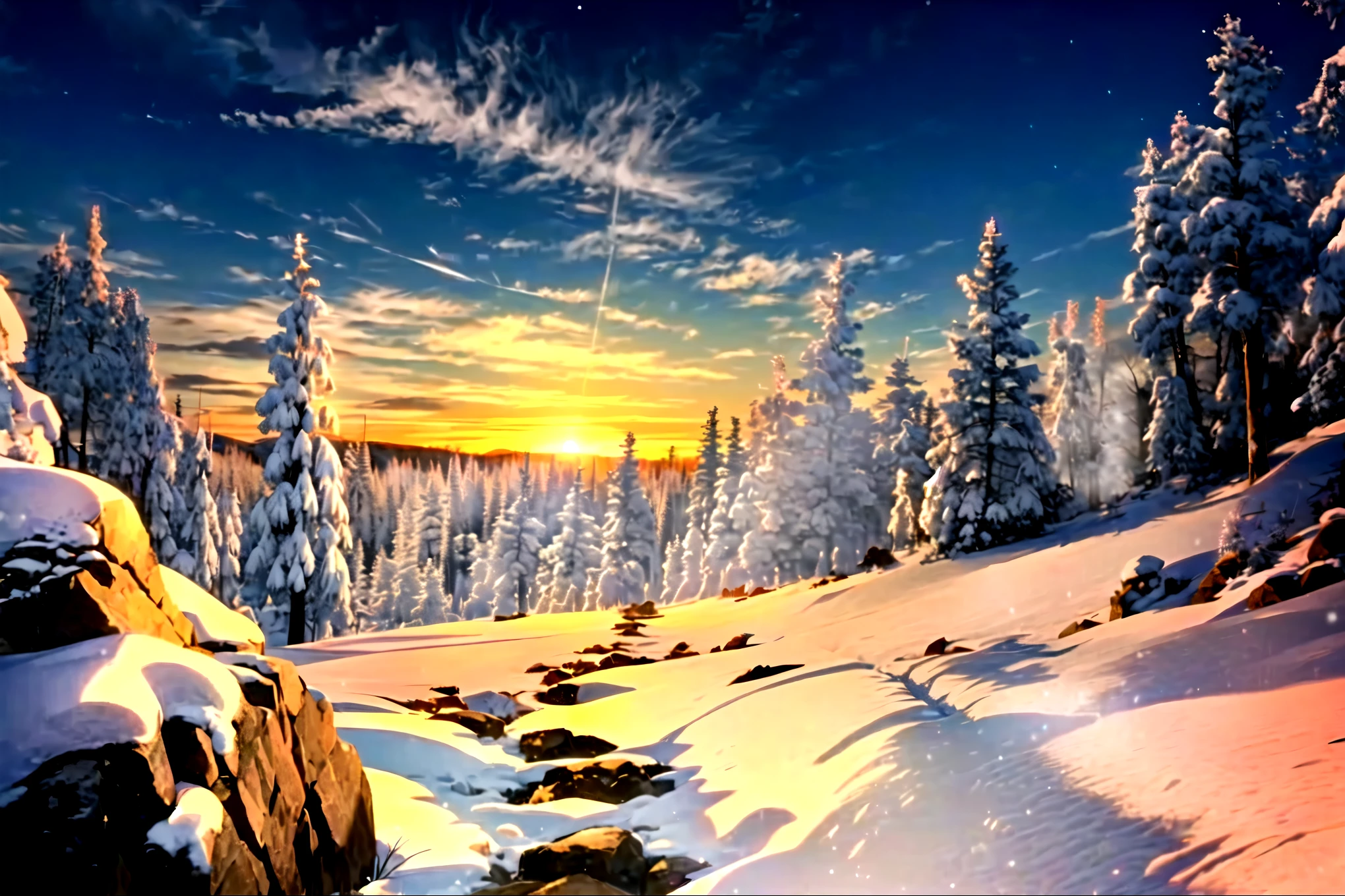 Snowy mountain scenery illuminated by the morning glow,Countless rocks covered in snow,崖の下には地平線まで続くSnowy white coniferous forest,Snowy white coniferous forest,The sun begins to rise over the horizon,