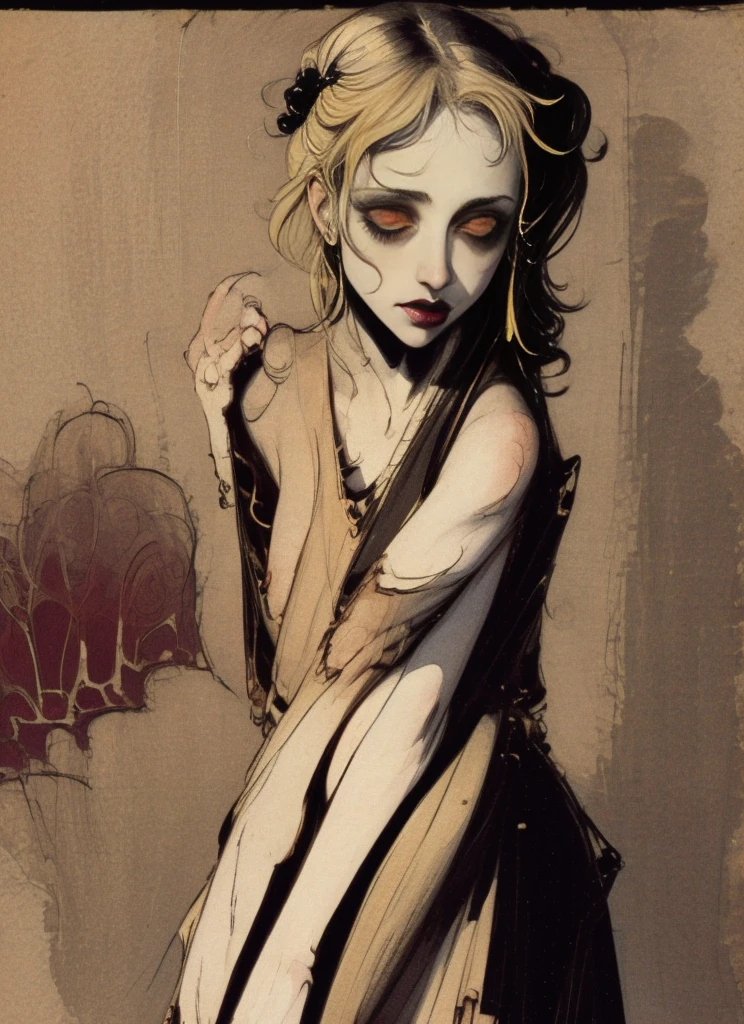 (masterpiece), (High resolution), (Very delicate), (masterpiece: 1.2, highest quality), ((pierce;Put your hands forward)), scribble, nightmare, Doll-like face, Manga style, rough sketch, Manga styleイラスト, (Horror elements), Japanese painting, whole body,(snap shot), (Spooky), Japan sculpture,old picture scroll style, old staging, Ancient mural style, crazy illustration, Dark atmosphere, Flat Illustration, Spookyな外観, A very distinctive hairstyle, disheveled blonde hair、creative accessories, Unique atmosphere、Punk Kimono、Girl punching