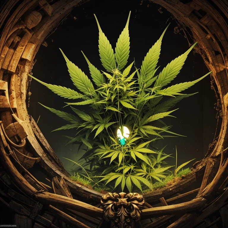 Close up closeup Hemp, leaf, ?????????, ???????? cone, ((illustration)), colorful, wallpaper, energy, secret, magical environment, magical environment, magic wand, books, pages flying in the sky, omniscience, prediction of the future, understanding the past, frost magic, spells, red hair, long hair, --v 6