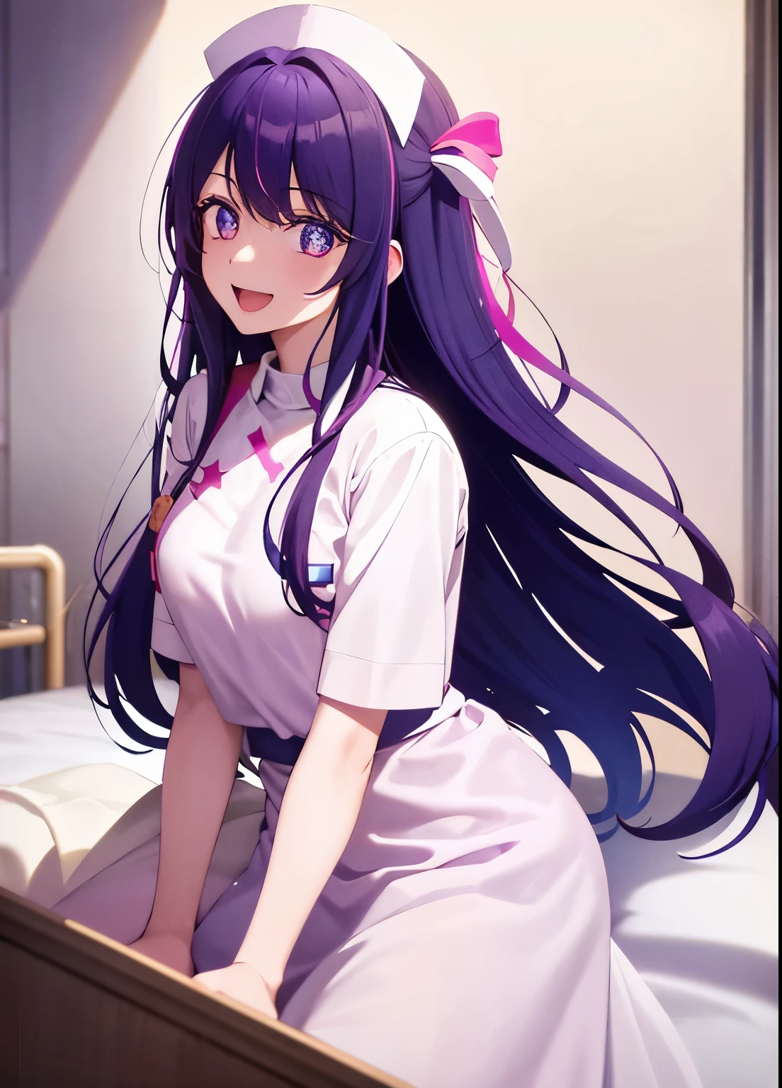 one-girl，nurses（（There is a five-pointed star in the eye））Gorgeous Hair in Long Purple，Smile，Open mouth ，nurses，hospitals，White nurse clothes，White nurse hat，looki at viewer，Blood