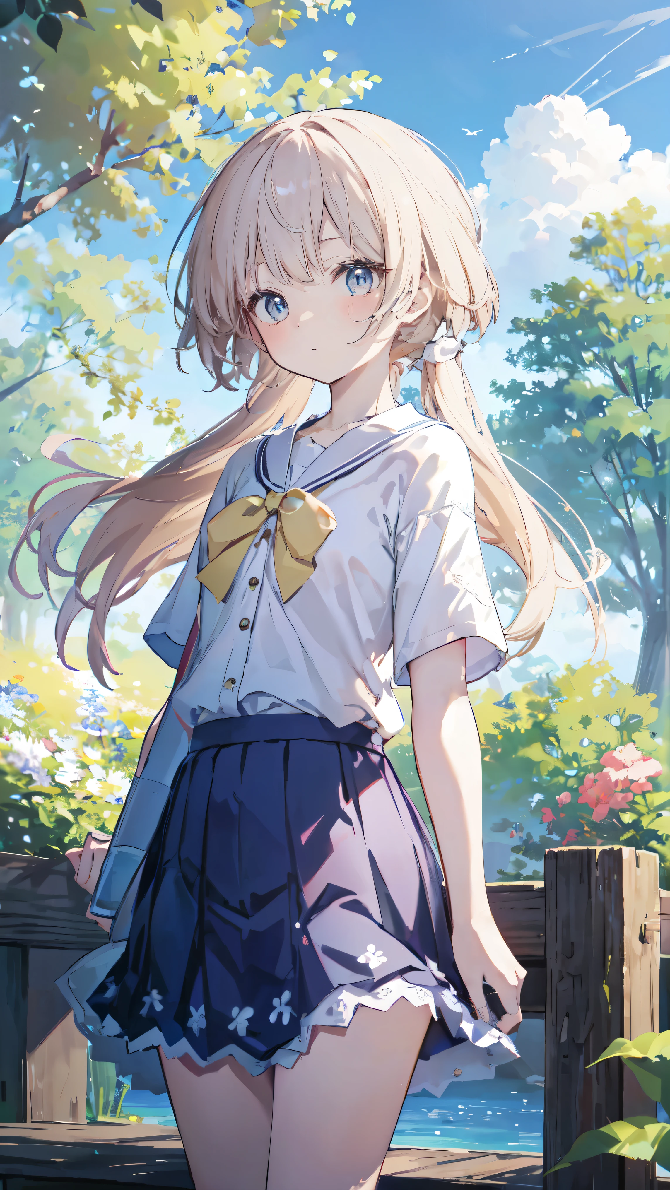 highest quality、Masterpiece、Ultra-high resolution、8k、Summer sky、early summer、((Lori))、(((Petite)))、((Short sleeve、Short skirt))、1 person、Soft line art、Soft drawing、Beautiful Hair、((Lori))、Detailed facial depiction、The gaze is directed towards us、highest qualityの色、Landscape with nature