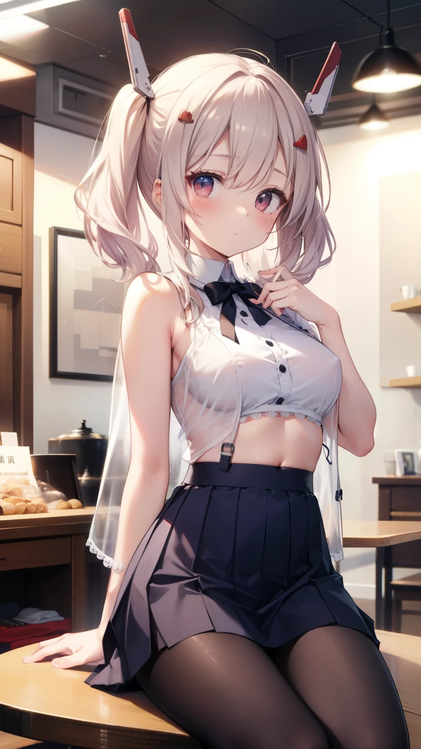 Azur Lane Ayanami、table top、High resolution、2 people、2 people girl、twins、2 cute girls、big and full breasts、naughty body、underwear only、See-through、pink lingerie、throw、kneel down、kneel down、Look up at me、confused face、blush、black pantyhos、navy check skirt、micro mini skirt、very short skirt、Department store、shop、Many people々、in the crowd、bare chest、show your chest、circle、Black Pantyhose