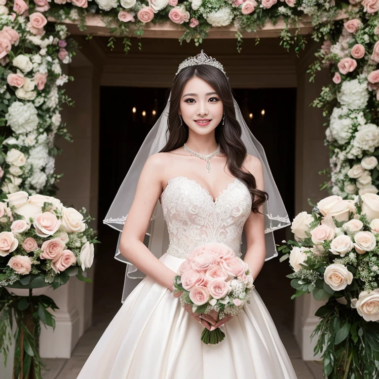((masutepiece、top-quality、Top image quality、in 8K、Award-Winning Works))、1 pregnant bride、huge luxury wedding dress、the most luxurious and intricate decorations、wedding lace、Wedding bouquet、the biggest smile when you look at me、The finest giant tiara、Top quality giant necklace、rose tunnel、(huge flower garden wedding:1.2)、(The most luxurious and intricate rose arch:1.2)、(The bride surrounded by an incredible amount of roses:1.5)、(Pink and white roses:1.1)