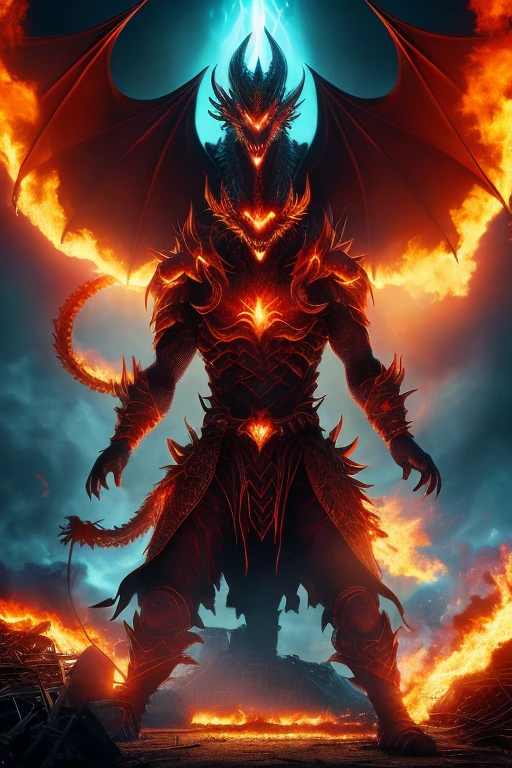 ((demonio con cranio de dragon)), de (( ojos rojo)), (con fuego atras), (con una siudab destruida atras), ((desde la pestectiba de lado)),