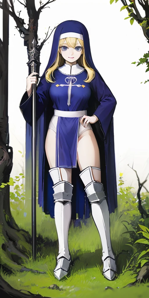 (Masterpiece, top quality), (perfect athlete body: 1.2), (detailed hair), super detailed, anime style, full body, solo, cute Cyberpunk elf holy knight girl, wearing blue nun's habit, blond hair and blue eyes, deploying many force field shields of light, shield maiden, short, divine light, wearing hi-tech boots, standing forest, white background, full body, loving smile.