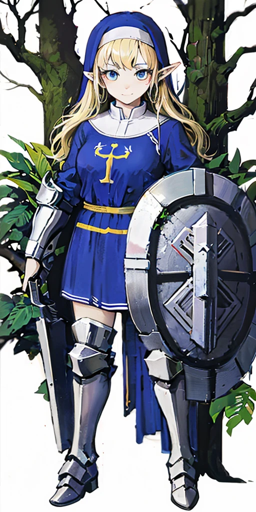 (Masterpiece, top quality), (perfect athlete body: 1.2), (detailed hair), super detailed, anime style, full body, solo, cute Cyberpunk elf holy knight girl, wearing blue nun's habit, blond hair and blue eyes, deploying many force field shields of light, shield maiden, short, divine light, wearing hi-tech boots, standing forest, white background, full body, loving smile.