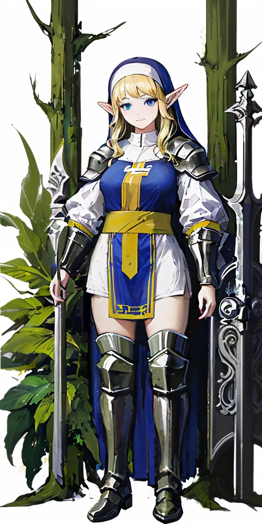 (Masterpiece, top quality), (perfect athlete body: 1.2), (detailed hair), super detailed, anime style, full body, solo, cute Cyberpunk elf holy knight girl, wearing blue nun's habit, blond hair and blue eyes, deploying many force field shields of light, shield maiden, short, divine light, wearing hi-tech boots, standing forest, white background, full body, loving smile.