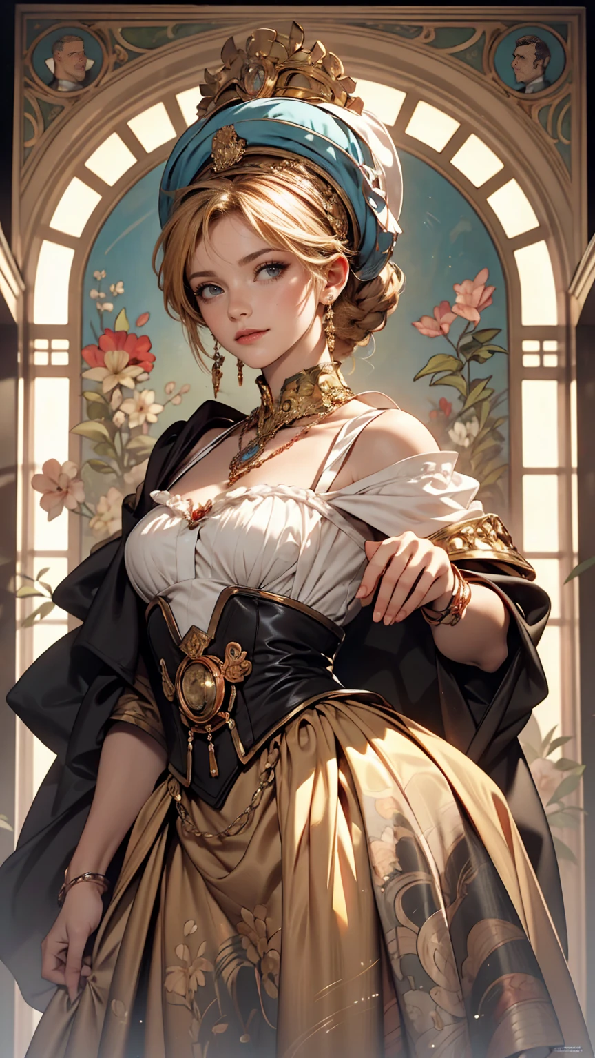 ((best quality)), ((masterpiece)), ((Romance Fantasy)), ((illustration)), (detailed), (clear), (Perfect), 1 woman, mature, upstage, expressionless, orange curly hair, tanned skin, Vermilion eyes, abundant eyelashes, Twinkle-free, red lips, big bust, small waist, A gorgeous and rich dress, Standing in an elegant posture, waist shot