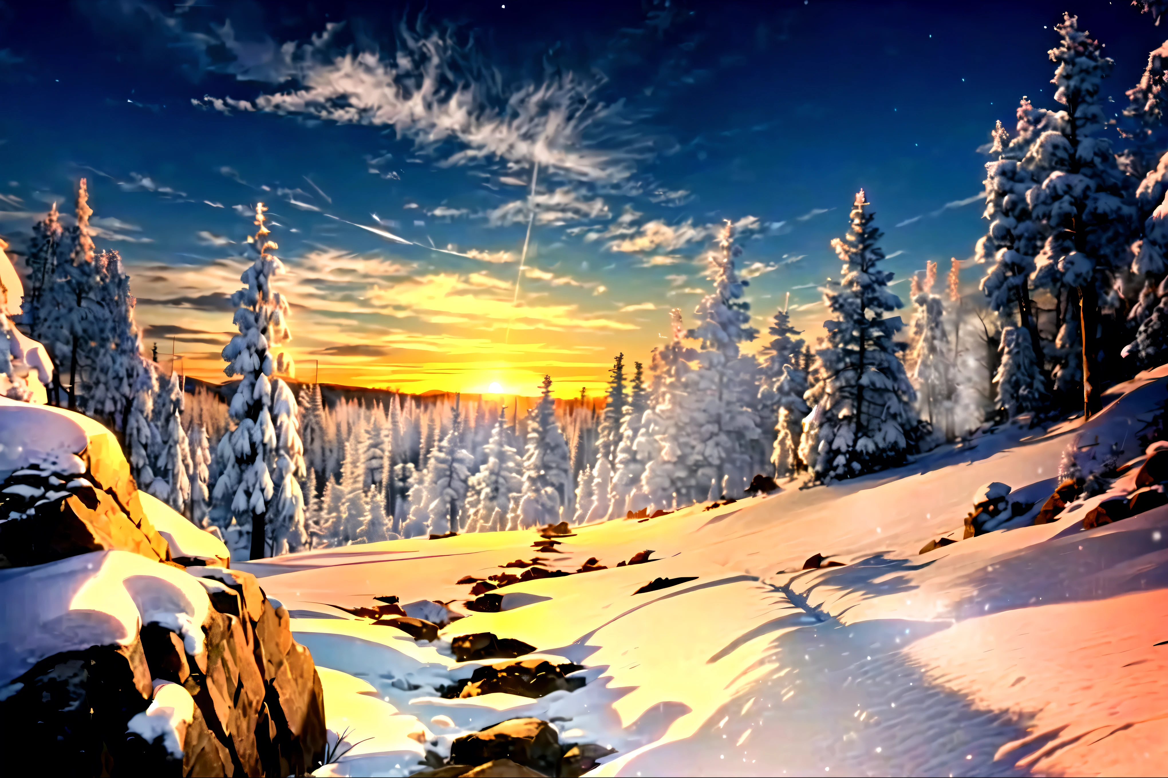 Snowy mountain scenery illuminated by the morning glow,Countless rocks covered in snow,Below the cliffs is a snowy white coniferous forest that stretches to the horizon.,Snowy white coniferous forest,The sun begins to rise over the horizon,