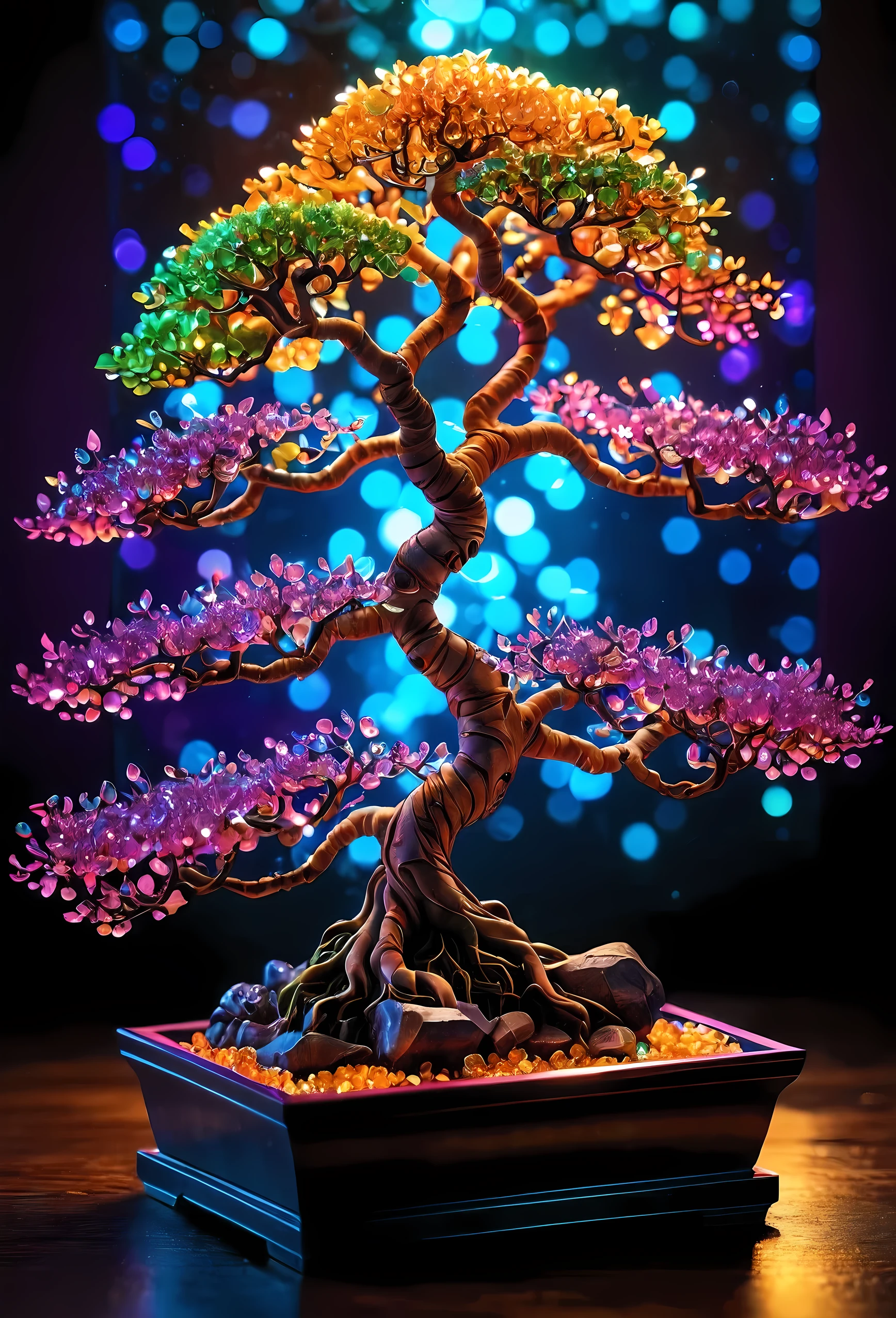 Holographic art,
HD Textures,
photography,
Detailed reflection,
Colorful crystal bodhi tree bonsai dynamic color ambient light,best quality,High Detail, Ultra HD,The finest details