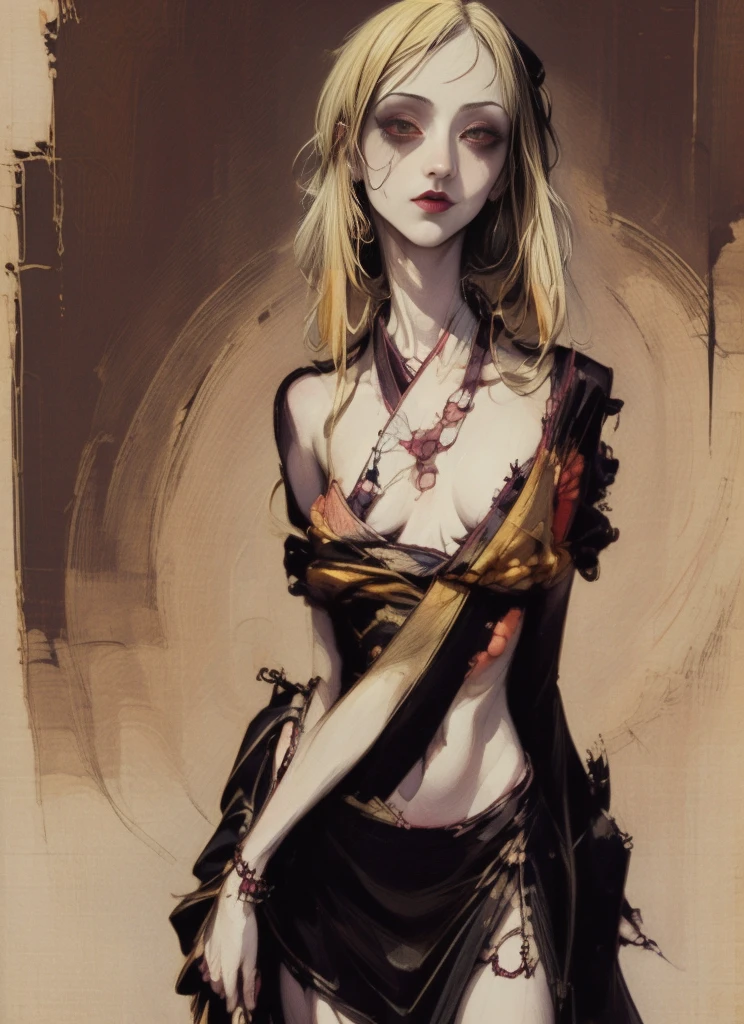 (masterpiece), (High resolution), (Very delicate), (masterpiece: 1.2, highest quality), ((pierce;Put your hands forward)), scribble, nightmare, Doll-like face, Manga style, rough sketch, Manga styleイラスト, (Horror elements), Japanese painting, whole body,(snap shot), (Spooky), Japan sculpture,old picture scroll style, old staging, Ancient mural style, crazy illustration, Dark atmosphere, Flat Illustration, Spookyな外観, A very distinctive hairstyle, disheveled blonde hair、creative accessories, Unique atmosphere、Punk Kimono、Girl punching
