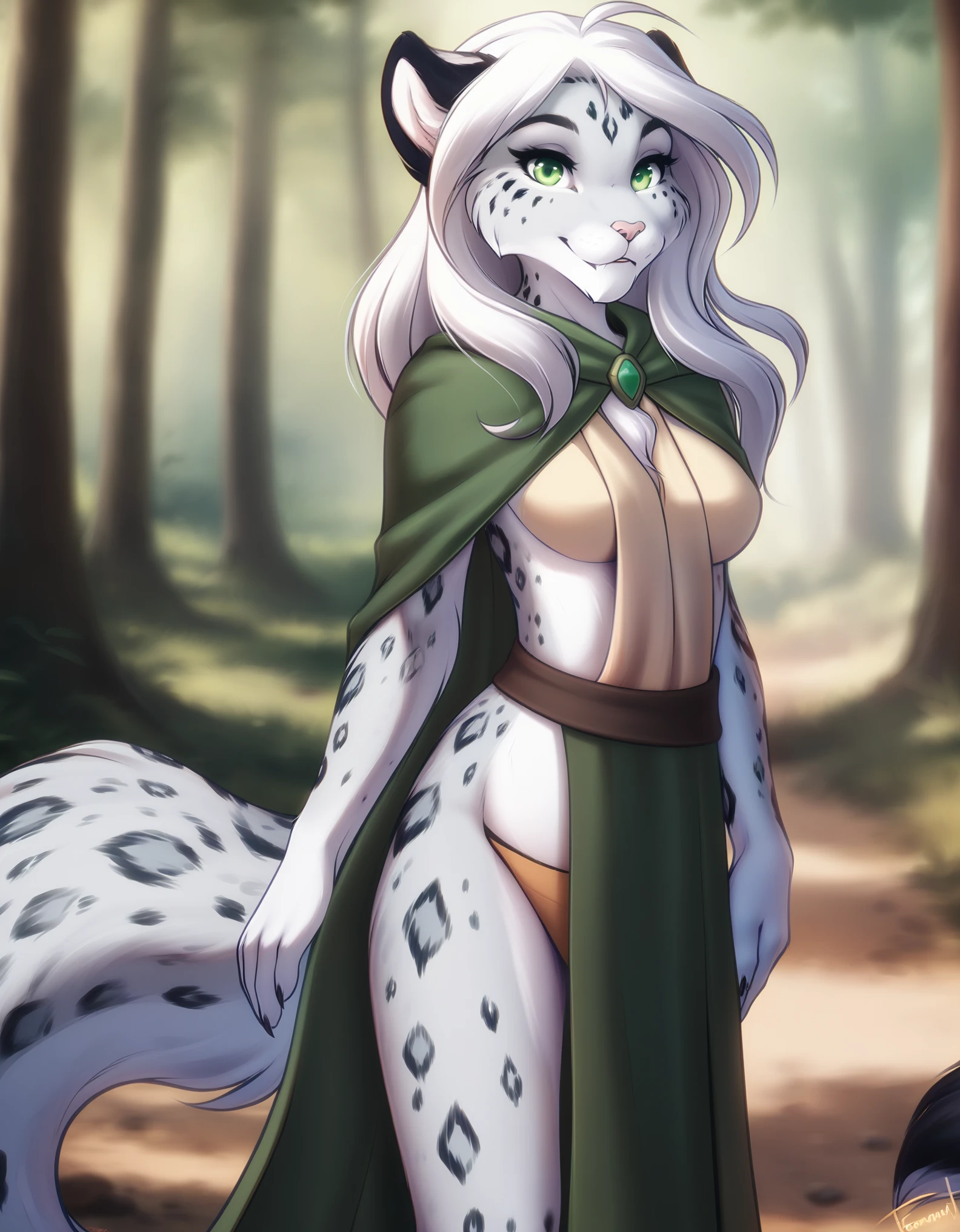 solo, tkamelia, anthro, green eyes, white fur, spotted fur, white hair, snow leopard, mammal, long hair, snow leopard tail,, amelia_(twokinds) , twokinds, personalami, rating:safe, 
arm_tuft, breasts, by tom_fischbach,, (best quality, masterpiece:1),  furry female anthro, female, 1girl, portrait, fingers, finger claws, looking at viewer,  (outdoors dark forest trees blurry blurred background:1.1), green cape, 