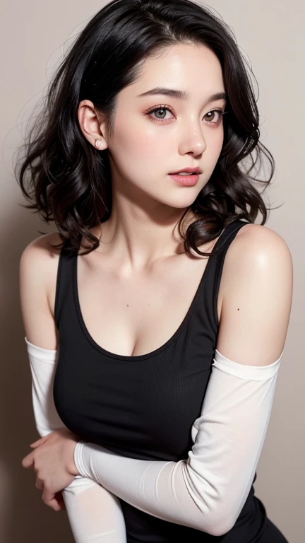 Professional photograph of a 28 years old pretty girl with grey eyes, black middle-length curly hair, slightly open mouth and pale skin with a rosy complexion. Dressed in a black long sleeve short cropped tank top. Facing slightly to the right, turning the head towards the camera ,tiffen soft contrast filter effect, Muted background.