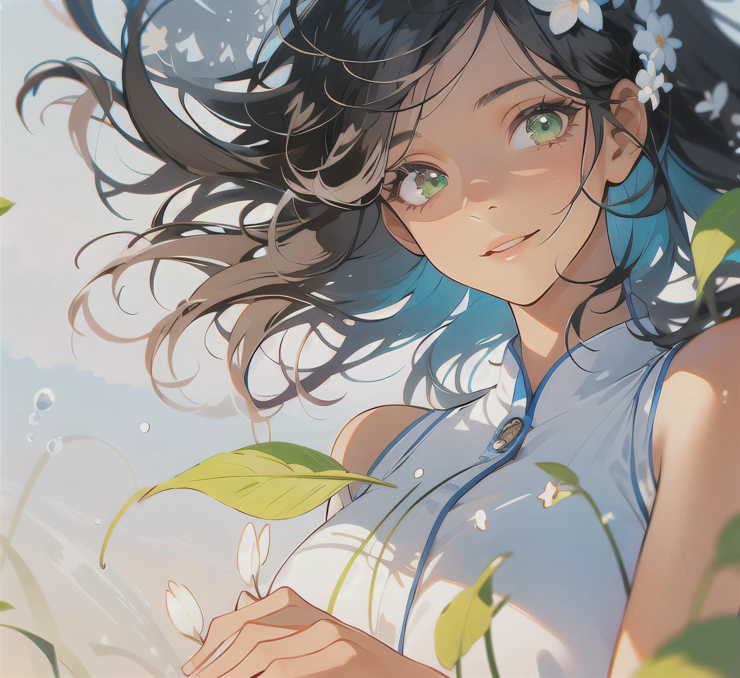 (best quality, highres), a beautiful, dark-skinned girl with silky black hair and striking green eyes, [black girl], [long black hair], [green eyes], [detailed facial features], [expressive eyes], [garden setting], [colorful flowers], [natural lighting], [vibrant colors], [dreamy atmosphere], [feminine pose].