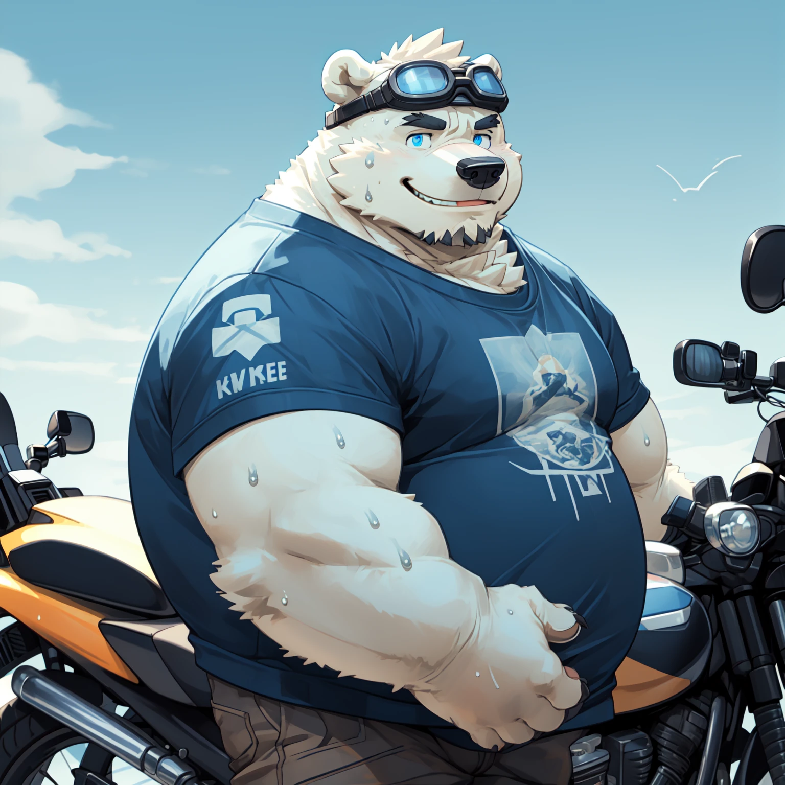 New Jersey 5 Furry，polar bear，portrait，standing solo，Exquisite， Chubby，Fat，Thick arms，Rugged muscles，White plush fur，Chubby脸，Black eyebrows，Sky blue eyes，Beard，in the sun，motorcycle，Goggles are worn on the forehead，Punk，t-shirt，Pants，Sweating，Smile