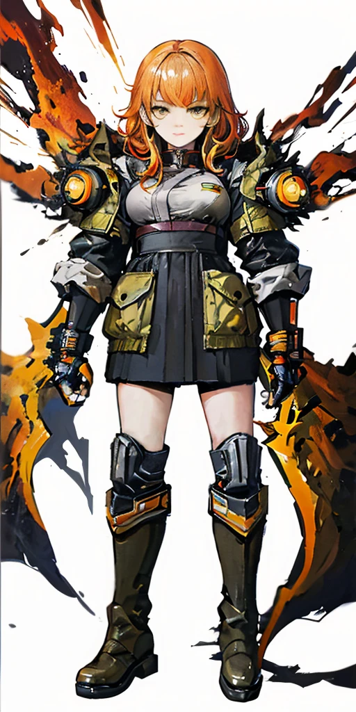 (masterpiece, best quality), ultra detailed, anime style, full body, solo, cute cyberpunk KARATE girl, orange hair and yellow eyes, cyberpunk outfit, hi-tech gauntlets, Lightning and thunder in the air, hi-tech boots, standing in wasteland, digital painting, 8K high resolution, art station trend, white background, whole body