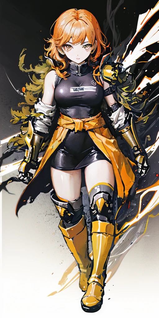 (masterpiece, best quality), ultra detailed, anime style, full body, solo, cute cyberpunk KARATE girl, orange hair and yellow eyes, cyberpunk outfit, hi-tech gauntlets, Lightning and thunder in the air, hi-tech boots, standing in wasteland, digital painting, 8K high resolution, art station trend, white background, whole body