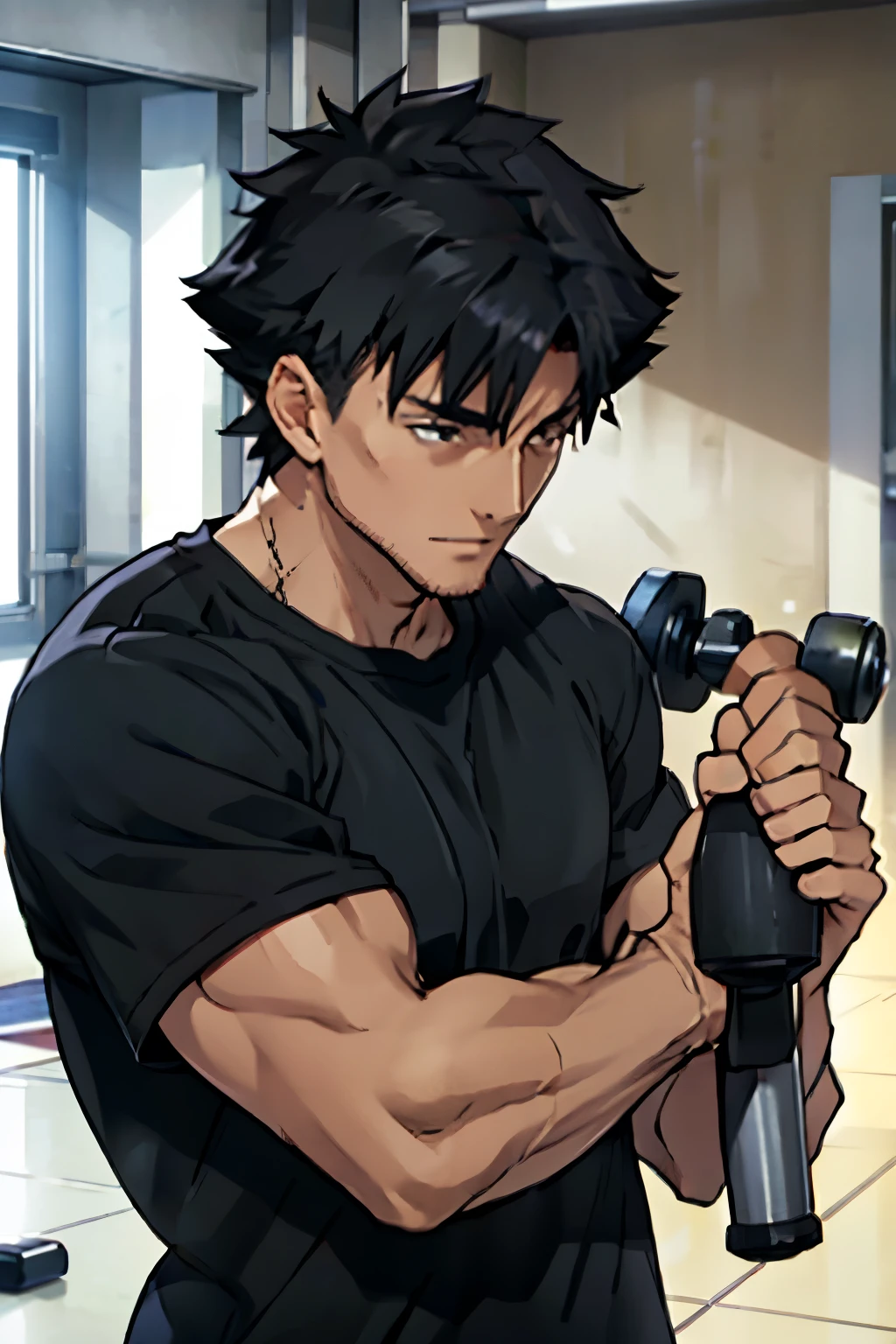 Emiya Kiritsugu,flexing biceps,black tshirt,short sleeves,showing abs, tshirt lifted up, curling dumbbells