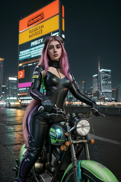 Ele gera uma imagem marcante de uma garota com atitude confiante andando de moto em um ambiente urbano cyberpunk. A deve estar vestida com roupas alegres e modernas, with vibrant colors and unique patterns. Seu penteado deve ser inovador e sua maquiagem vibrante.. The background must include skyscrapers, Placas de neon, Luzes LED e um esquema de cores vivas e brilhantes, criando um ambiente futurista e atraente. A imagem deve ser ultra detalhada, paying special attention to the details of the bike, the girl's clothes and appearance."