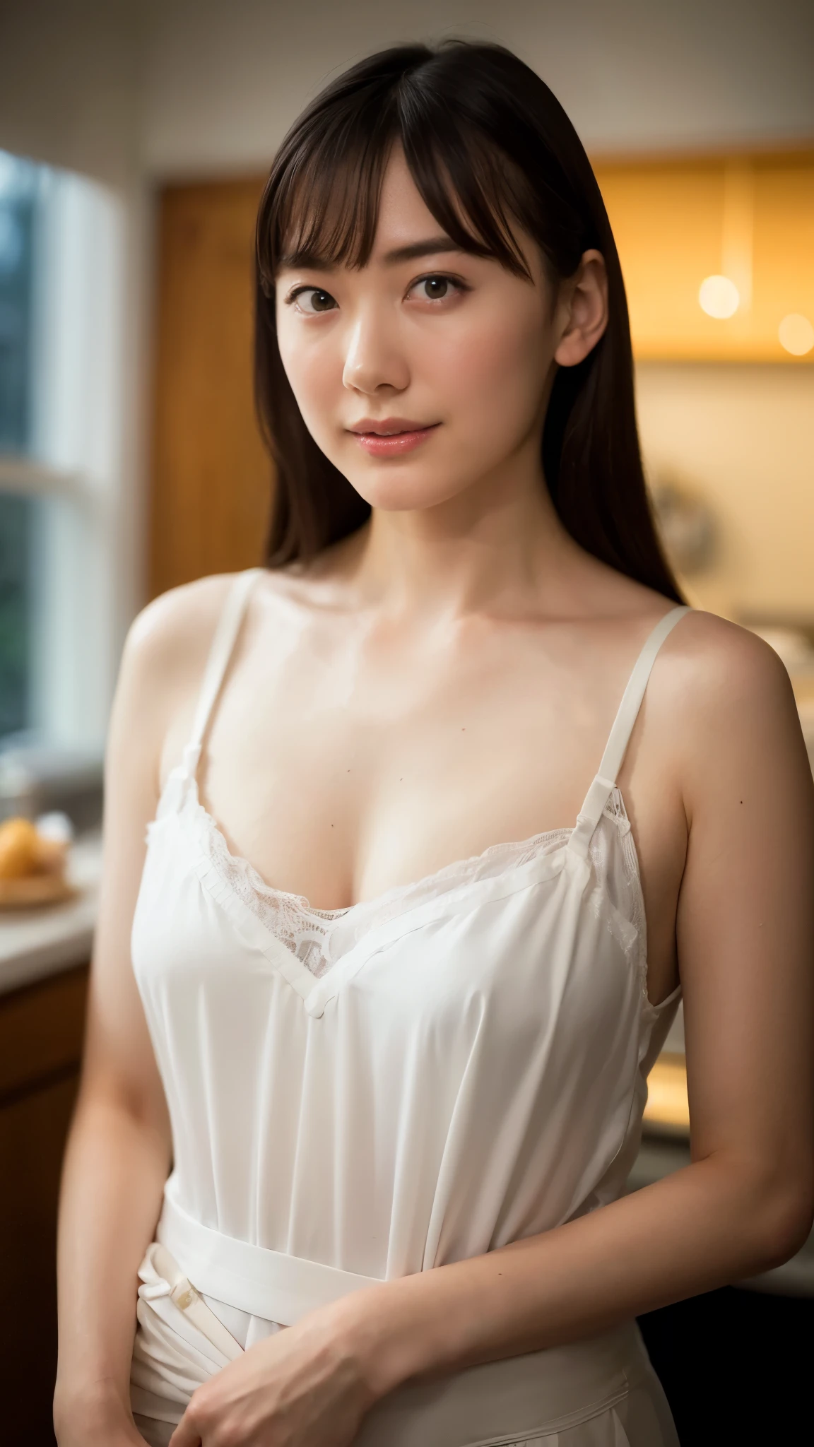 "(highest quality,8K,High resolution,masterpiece:1.2),Super detailed,(realistic,photorealistic,photo-realistic:1.37),soft focus,18-year-old,beautiful and detailed face,Detail view,renaissance art,delicate artwork,kitchen,kitchen apron,teenage girl,seductive lingerie,Gentle milk dripping onto my chest, Bright colors,studio lighting"