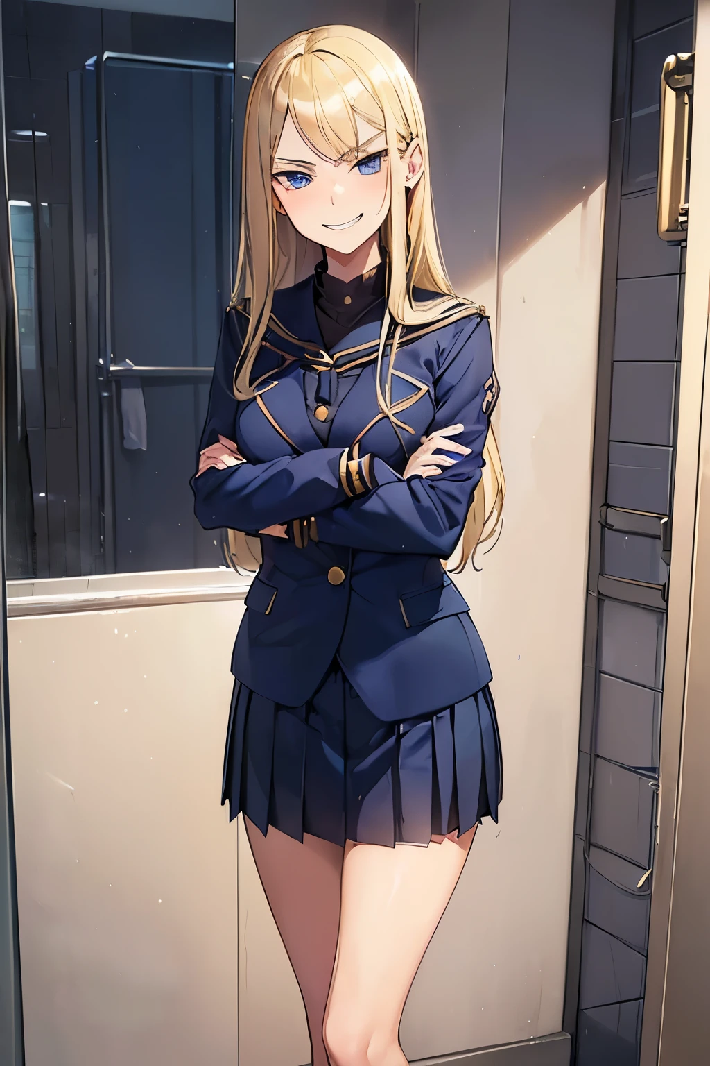 ((best quality)), ((masterpiece)), ((detailed)), (((perfect face))), (((18yo blonde girl in navy blue suit, pleated skirt))), (((standing)))) (((evil smirk))), ((((fancy school bathroom))))