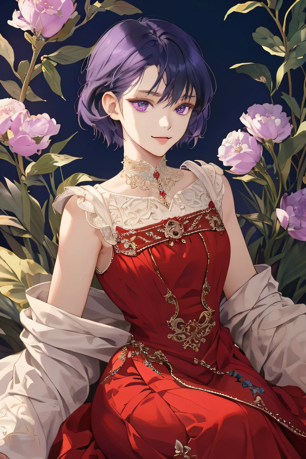 (extreamly delicate and beautiful:1.2), 8K,(masterpiece:1.0),(best_quality:1.0), 1 girl, and intricate detailing, Enlarged textures, and intricate detailing, finely eye and detailed face, and intricate detailing, shiraga, blue short hair, (closed mouths), Perfect eyes, Equal eyes, eyes smile, purple eyes (A famale god) with (masterpiece), best quality, with red long dress party yunani romawi style