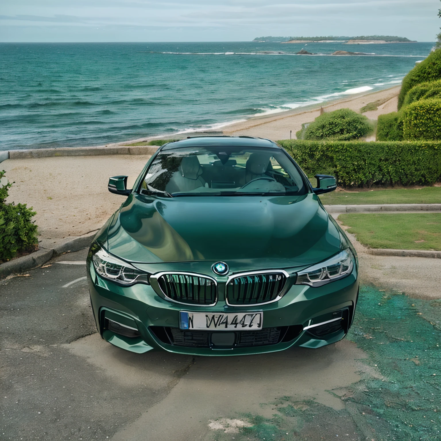 Alafid green BMW parked on the seaside,Background is the sea, dark green tint, Wire, elegant green, 2 0 % pearlescent detailing, Shot with Sony alpha 9, Front profile shot, Green tint, Emerald green, Front full, Metallic green, dark green, Front profile, Front, Shot with Canon EOS R 6