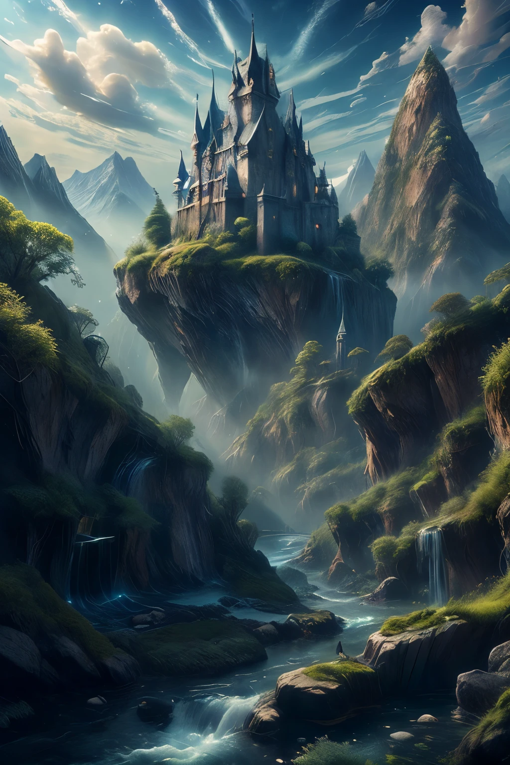 (8K) (Artstation is very detailed), two characters with rich dark details, scene drawing, scene painting, large scenes, epic battle scenes, background mountains and rivers, and rich plants. The foreground has a castle, fantasy, and rich colors